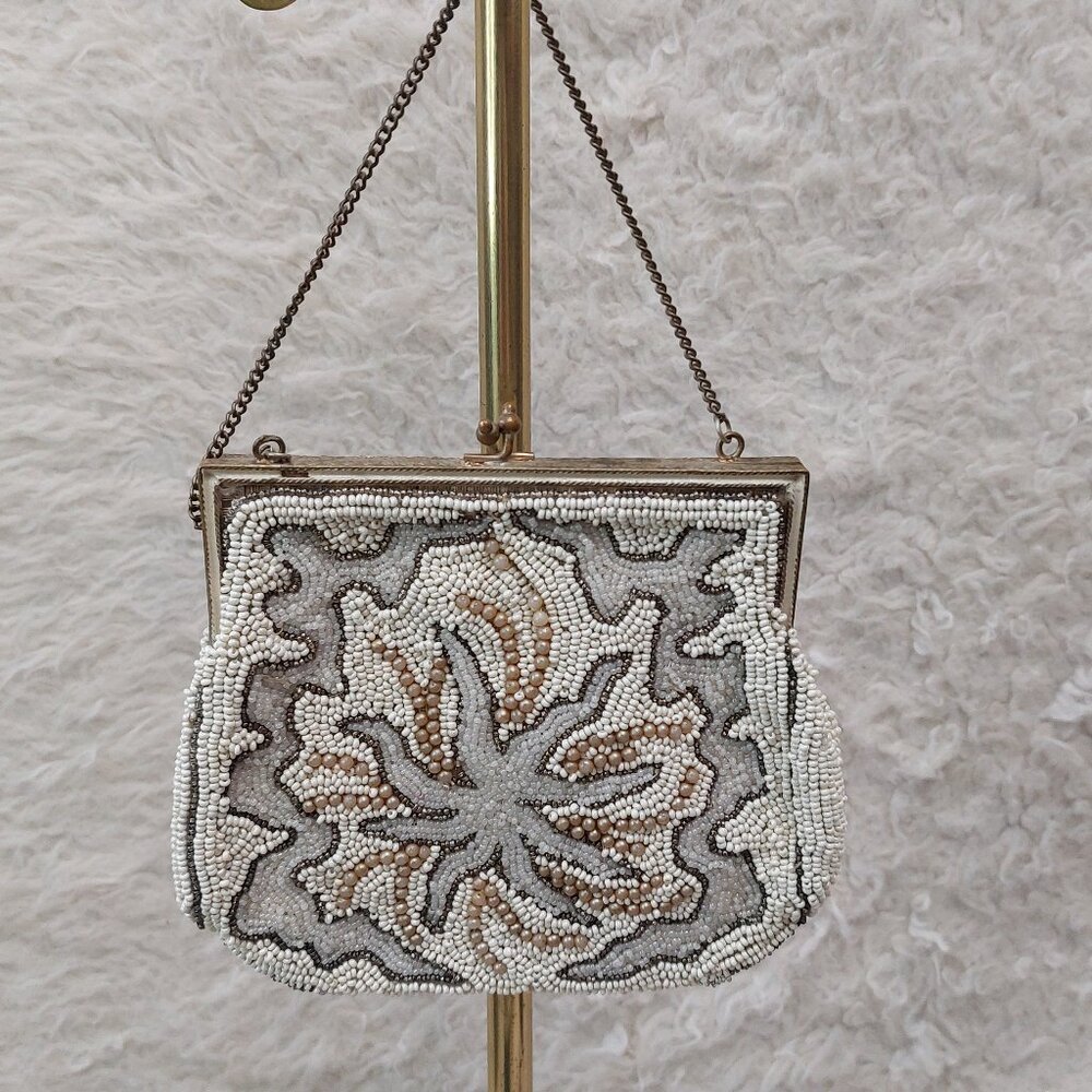 Antique 1920s Art Deco Beaded Evening Bag w/  Metal Frame and Chain Strap